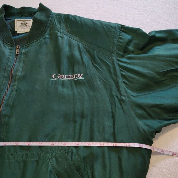 Vintage 1994 GREEDY Movie Promo MCA Universal Bomber Jacket XL Green Silk 90s - Picture 7 of 9